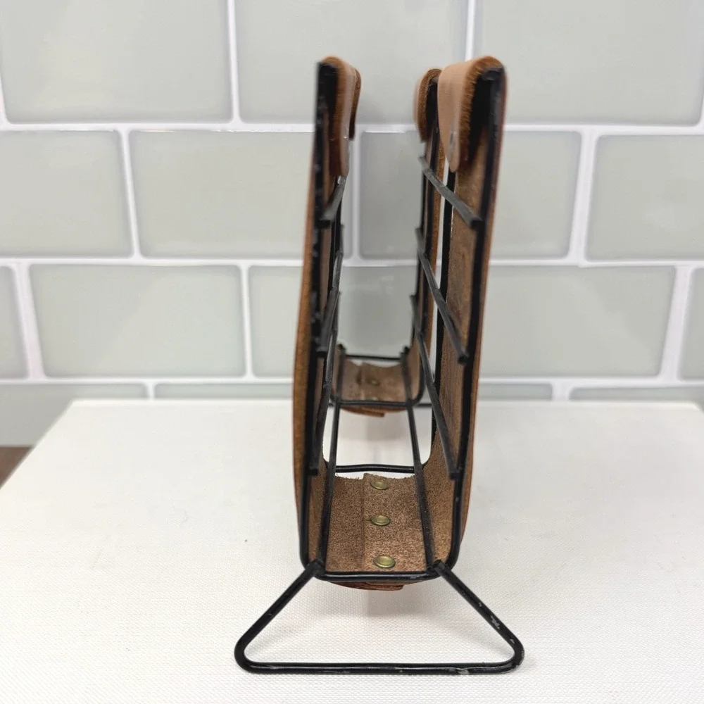 Vintage Western Tooled Leather Napkin & Letter Holder Black Wire Desk Caddy